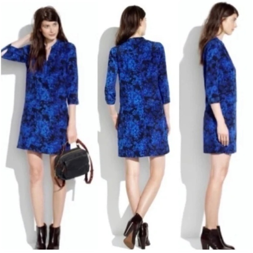 MADEWELL Silk Director Shift Dress Royal Blue‎ Black Long Sleeve V-Neck Small